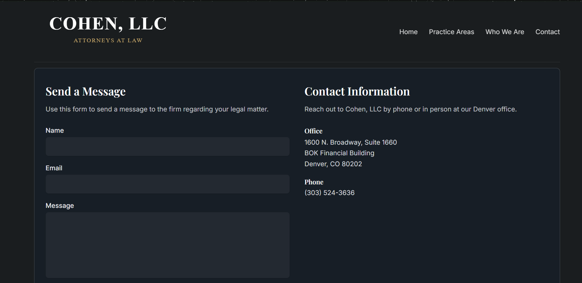 Cohen Trial Law contact page with custom form